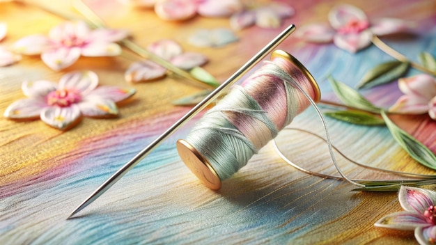 Zbliżenie nici i igły na materiale